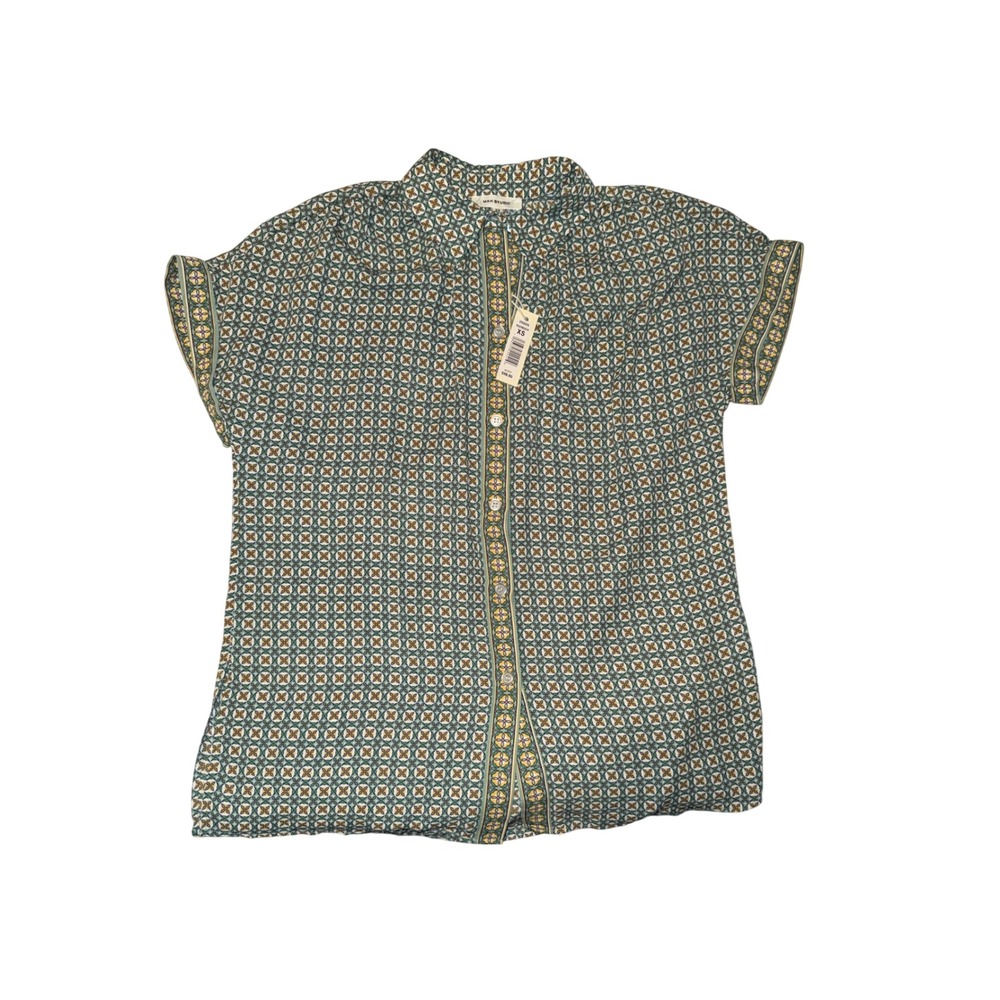 Max Studio XS Green Geometric‎ Tile Print Short Sleeve Button Up Blouse NWT